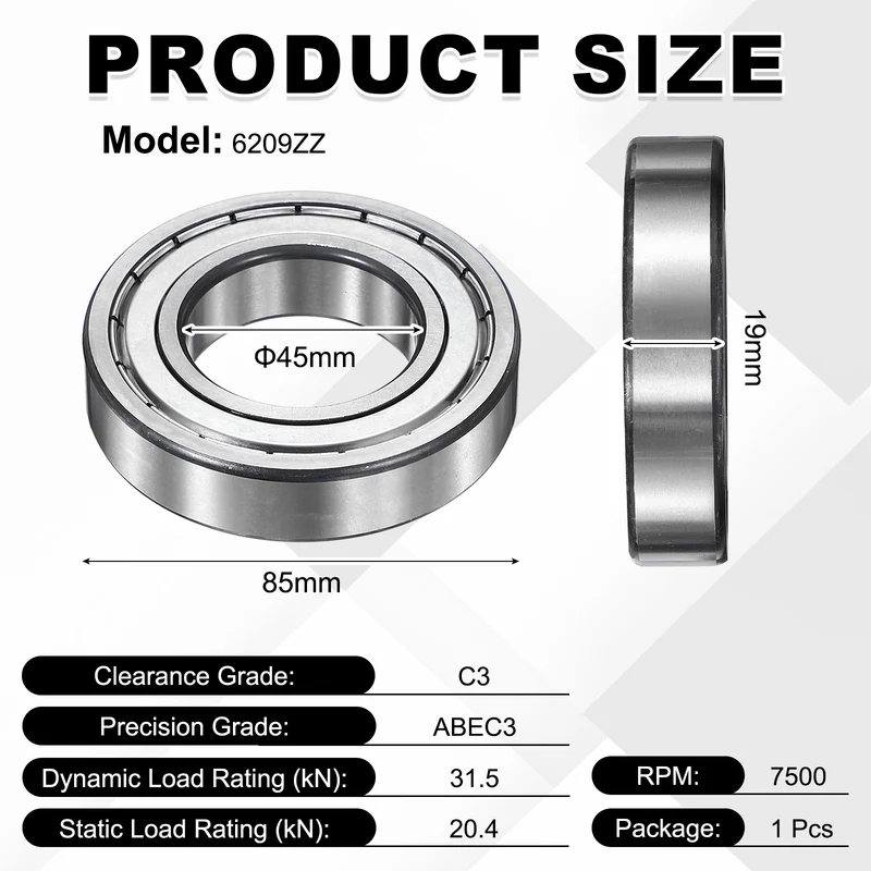 1Pcs 6209ZZ Deep Groove Ball Bearing, 45x85x19 mm Double Shielded Chrome Steel