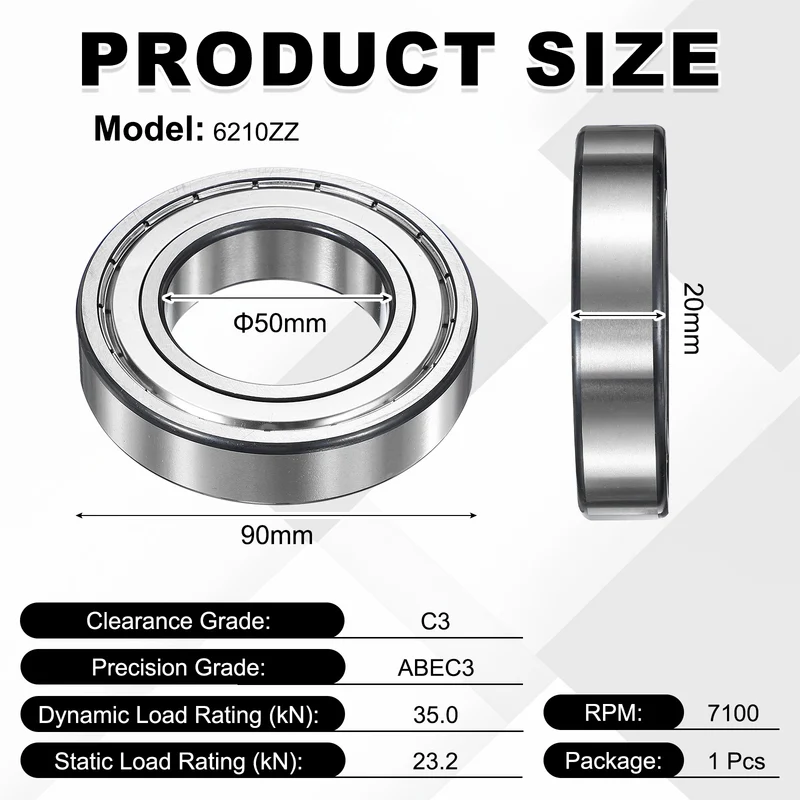 1Pcs 6210ZZ Deep Groove Ball Bearing, 50x90x20 mm Double Shielded Chrome Steel