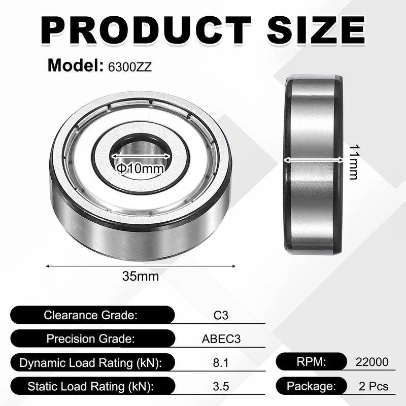 2Pcs 6300ZZ Deep Groove Ball Bearing, 10x35x11 mm Double Shielded Chrome Steel