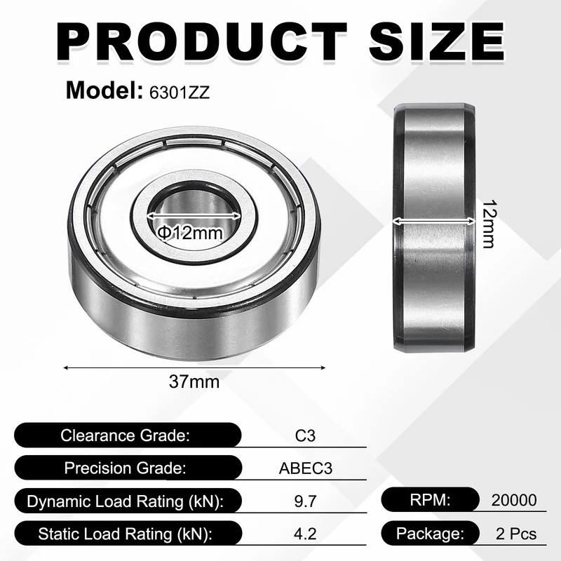 2Pcs 6301ZZ Deep Groove Ball Bearing, 12x37x12 mm Double Shielded Chrome Steel