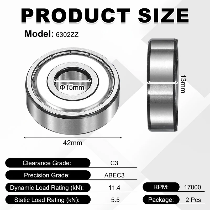 2Pcs 6302ZZ Deep Groove Ball Bearing, 15x42x13 mm Double Shielded Chrome Steel