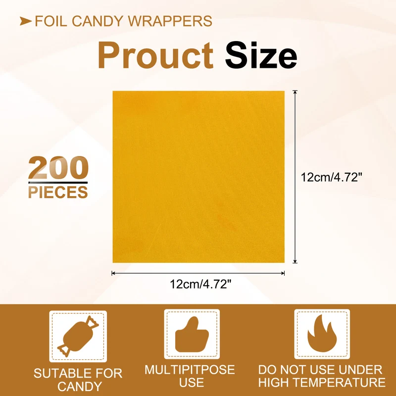 200 Pcs 5x5 Inch Foil Candy Wrappers Chocolate Wrapping Paper Light Gold