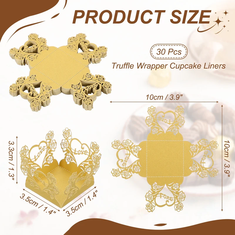 30Pcs 1.4x1.4" Love Rose Truffle Wrapper Cupcake Liners for Decor, Gold