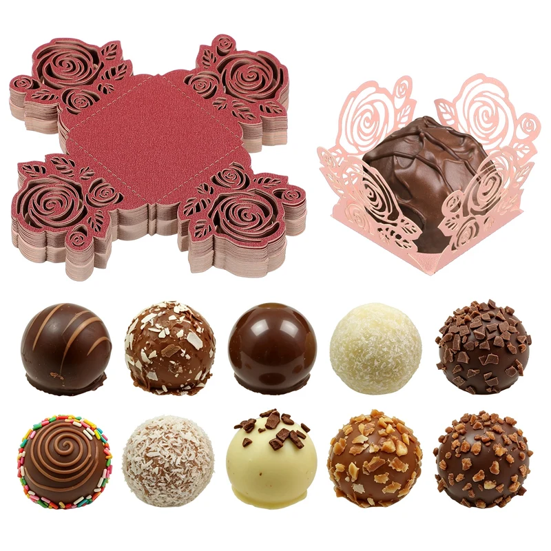 50Pcs 1.4x1.4" Rose Shape Truffle Wrapper Cupcake Liners for Decor, Pink/Red