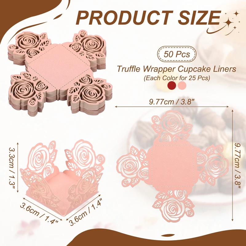 50Pcs 1.4x1.4" Rose Shape Truffle Wrapper Cupcake Liners for Decor, Pink/Red