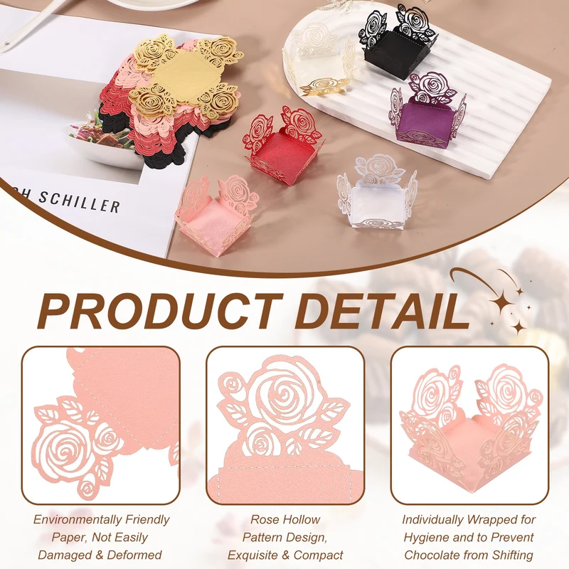 50Pcs 1.4x1.4" Rose Shape Truffle Wrapper Cupcake Liners for Decor, Pink/Red