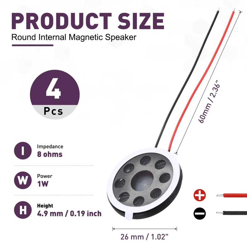 4Pcs 1W 8 Ohm 26mm/1.02" Small Round Internal Magnetic Speaker Black