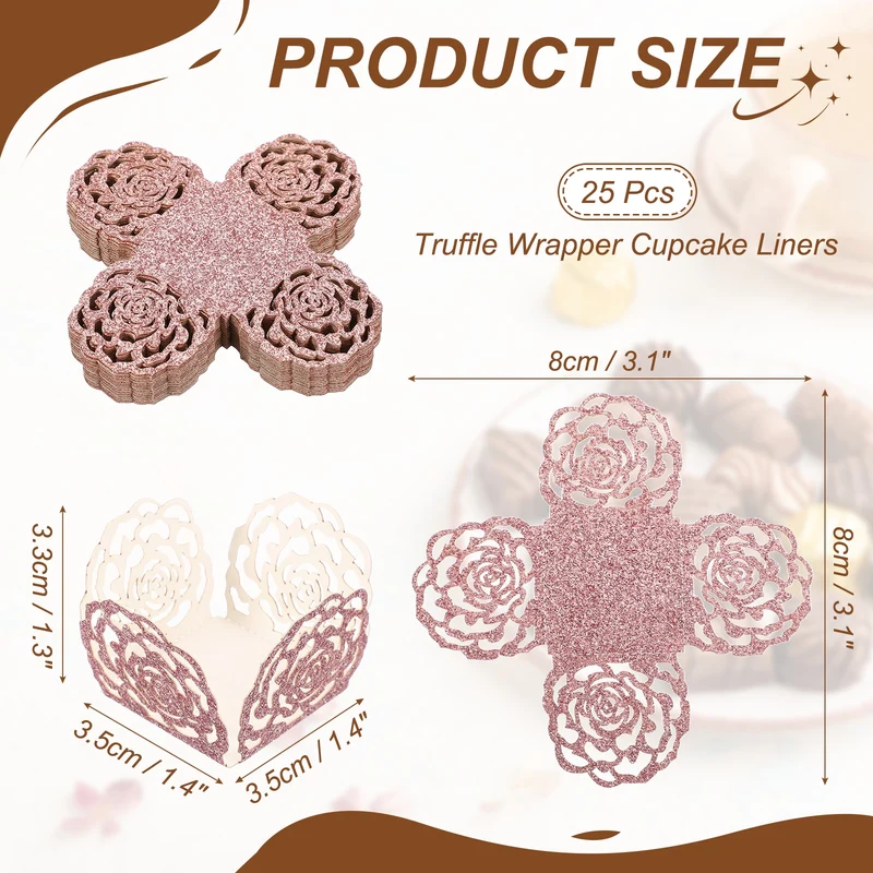 25Pcs 1.4x1.4" Glitter Rose Truffle Wrapper Cupcake Liners for Decor, Pink