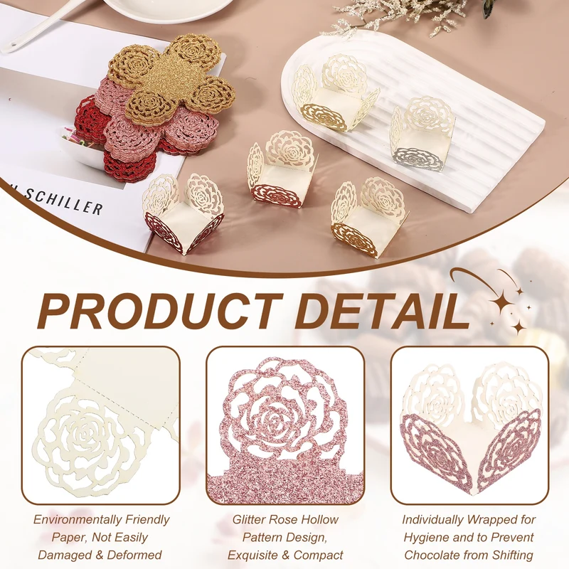 25Pcs 1.4x1.4" Glitter Rose Truffle Wrapper Cupcake Liners for Decor, Pink
