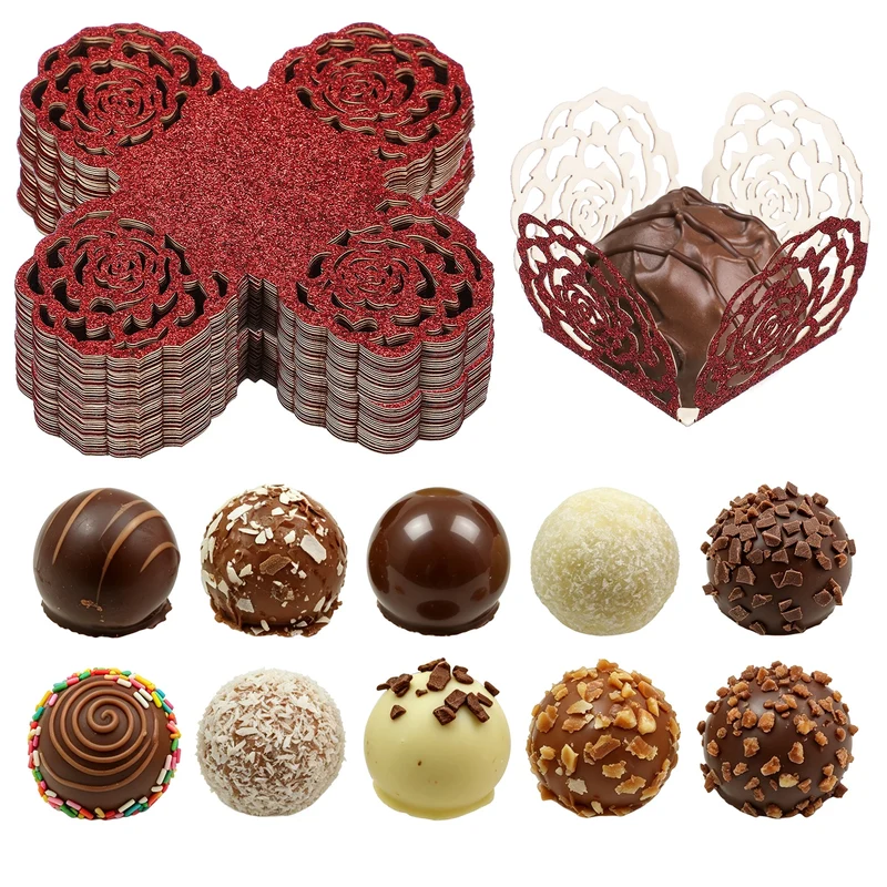 50Pcs 1.4x1.4" Glitter Rose Truffle Wrapper Cupcake Liners for Decor, Red