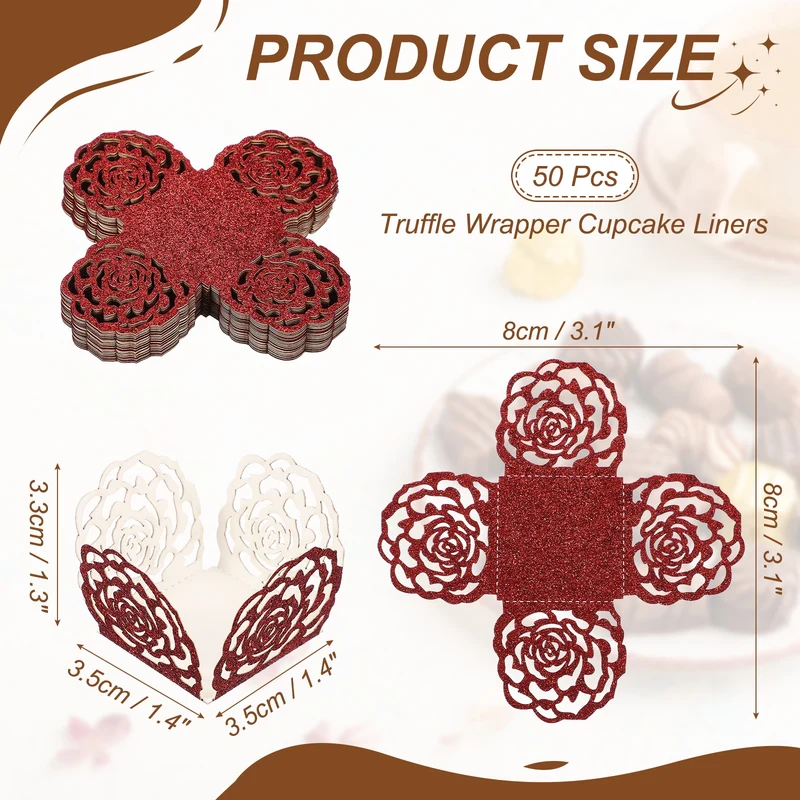 50Pcs 1.4x1.4" Glitter Rose Truffle Wrapper Cupcake Liners for Decor, Red
