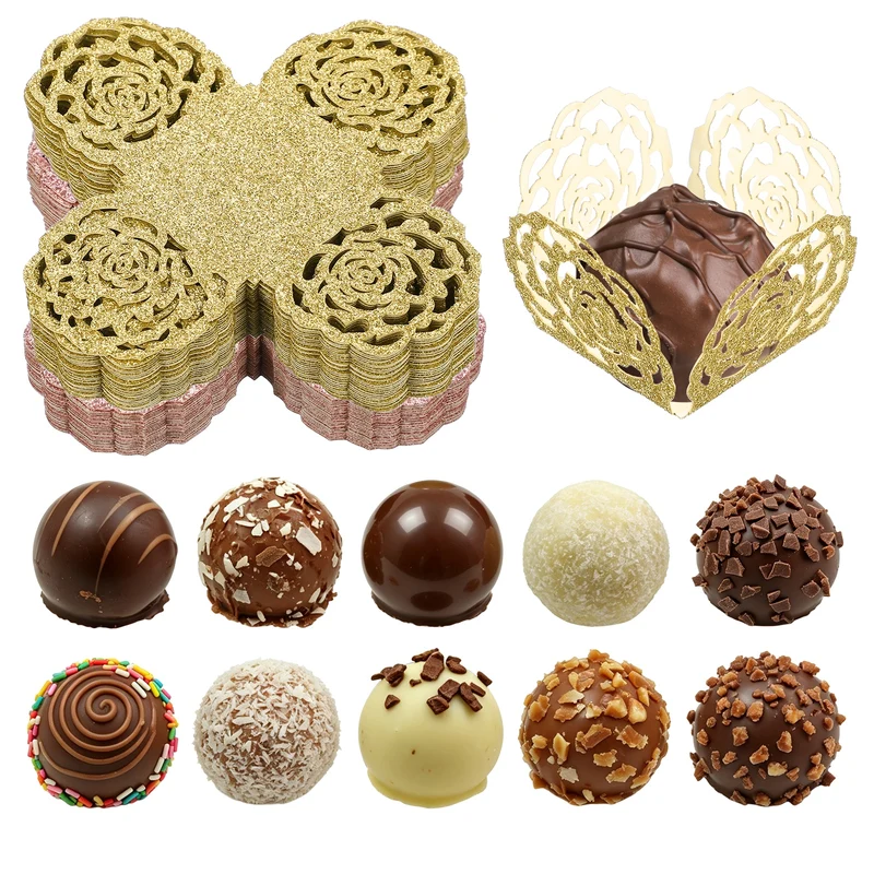 50Pcs 1.4x1.4" Glitter Rose Truffle Wrapper Cupcake Liners for Decor, Pink/Red