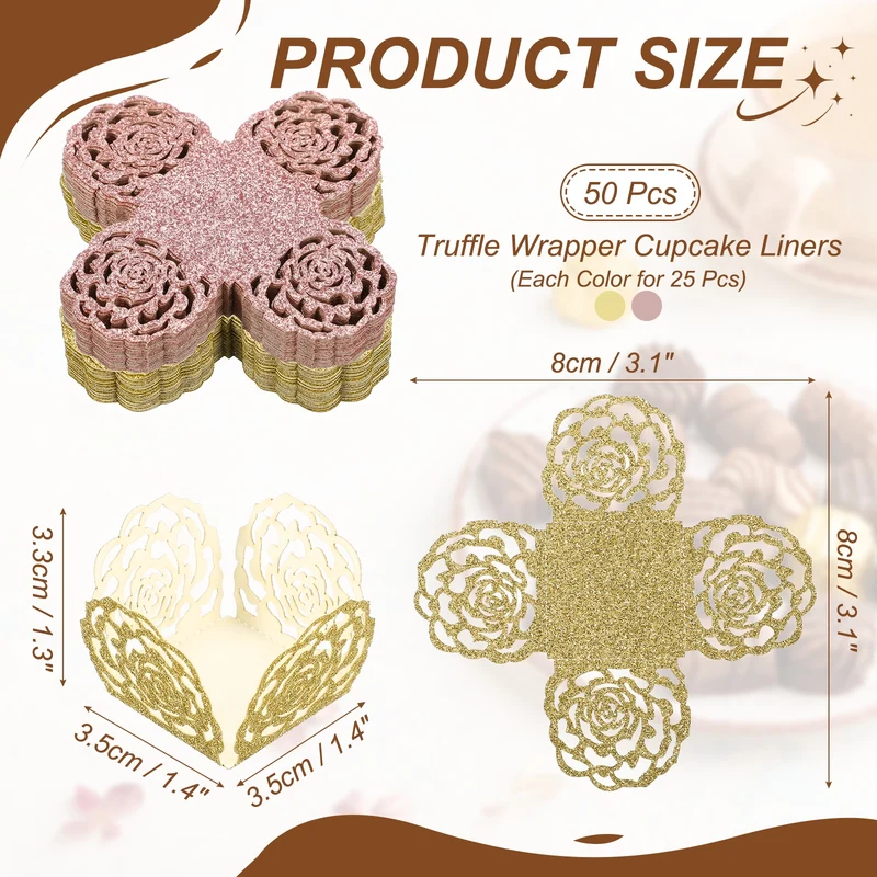 50Pcs 1.4x1.4" Glitter Rose Truffle Wrapper Cupcake Liners for Decor, Pink/Red