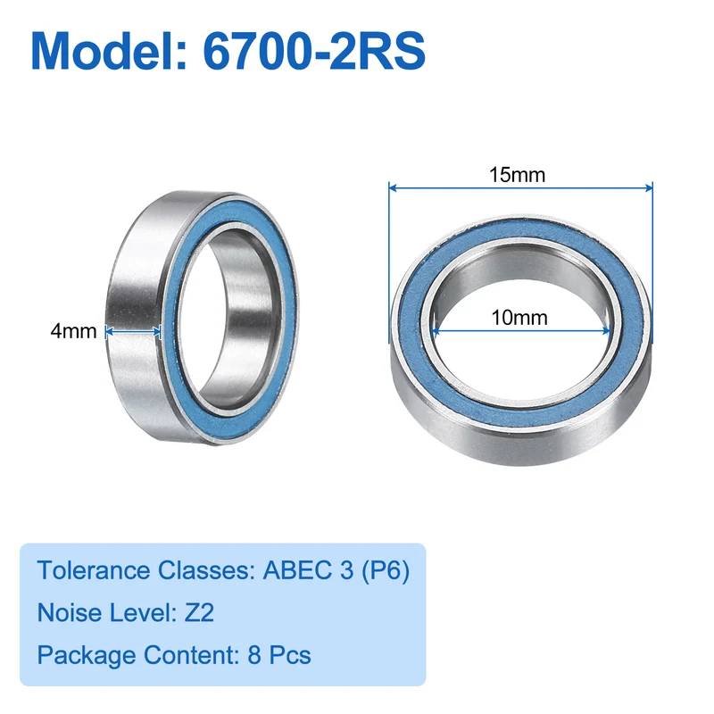 8pcs 6700-2RS Deep Groove Ball Bearings 10x15x4mm, P6(ABEC3) Blue
