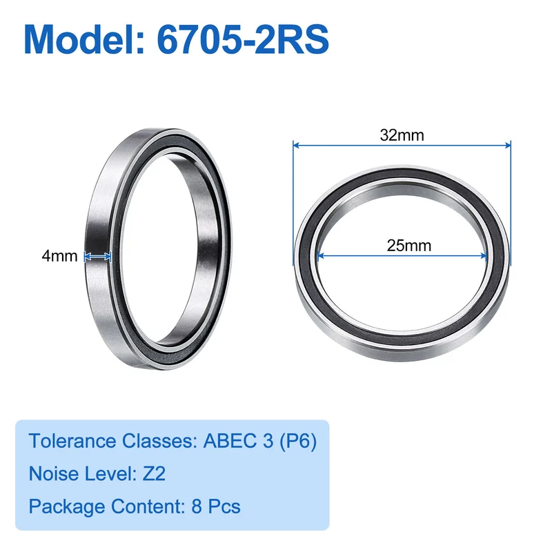 8pcs 6705-2RS Deep Groove Ball Bearings 25x32x4mm P6(ABEC3)