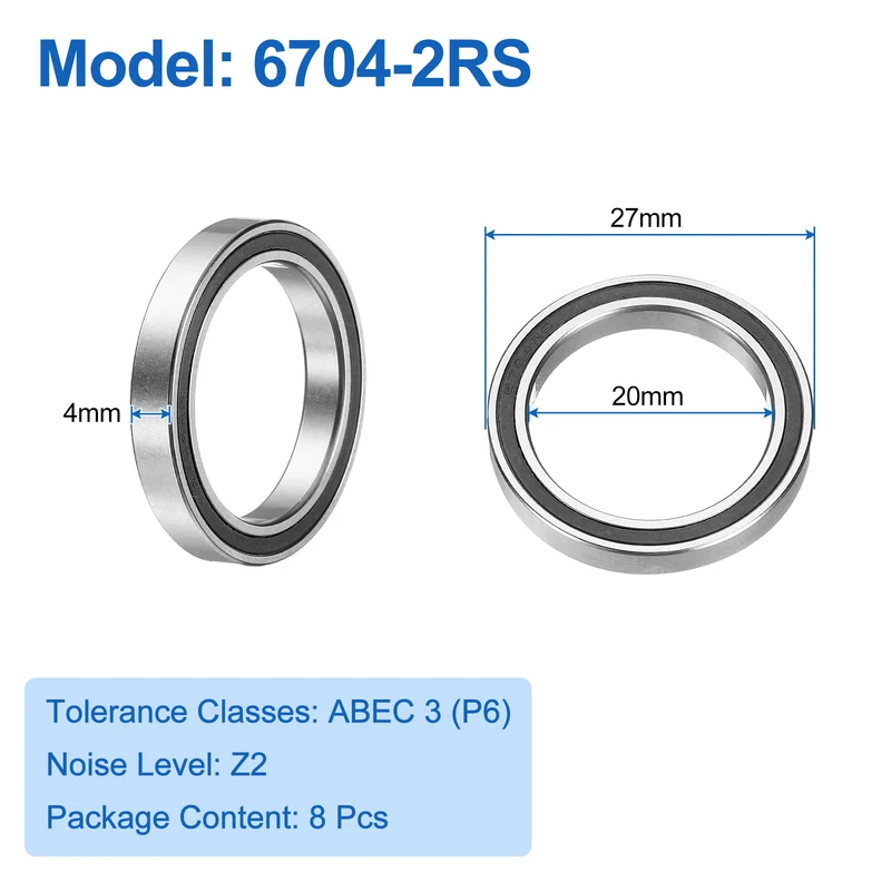 8pcs 6704-2RS Deep Groove Ball Bearings 20x27x4mm, P6(ABEC3)