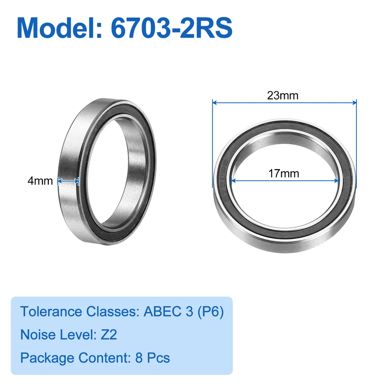 8pcs 6703-2RS Deep Groove Ball Bearings 17x23x4mm P6(ABEC3)