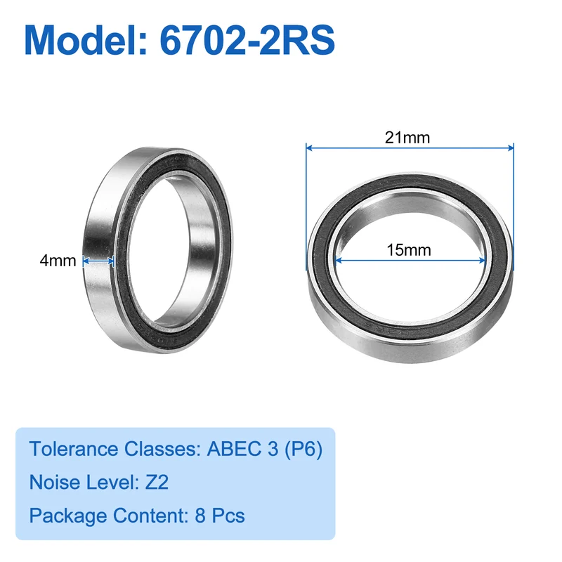 8pcs 6702-2RS Deep Groove Ball Bearings 15x21x4mm, P6(ABEC3)