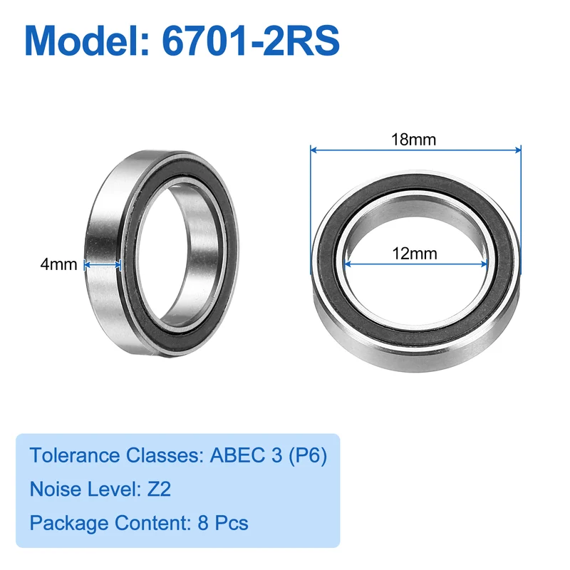 8pcs 6701-2RS Deep Groove Ball Bearings 12x18x4mm, P6(ABEC3)