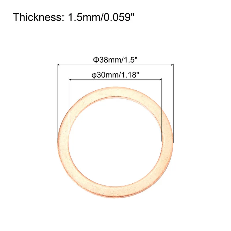 12 Pcs Flat Copper Washers 30x38x1.5mm Copper Flat Sealing Ring Washers