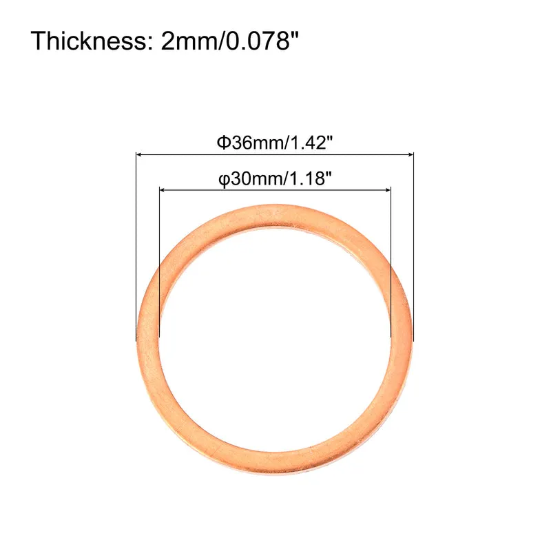 12 Pcs Flat Copper Washers 30x36x2mm Copper Flat Sealing Ring Washers