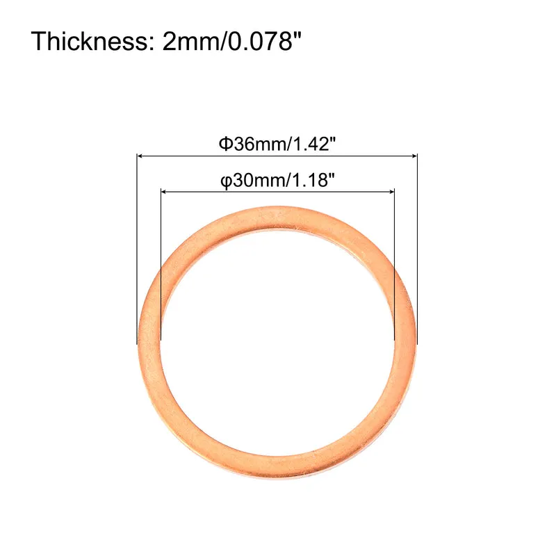 6 Pcs Flat Copper Washers 30x36x2mm Copper Flat Sealing Ring Washers