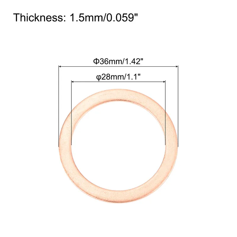 12 Pcs Flat Copper Washers 28x36x1.5mm Copper Flat Sealing Ring Washers