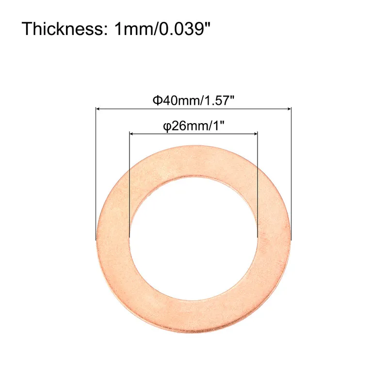 6 Pcs Flat Copper Washers 26x40x1mm Copper Flat Sealing Ring Washers