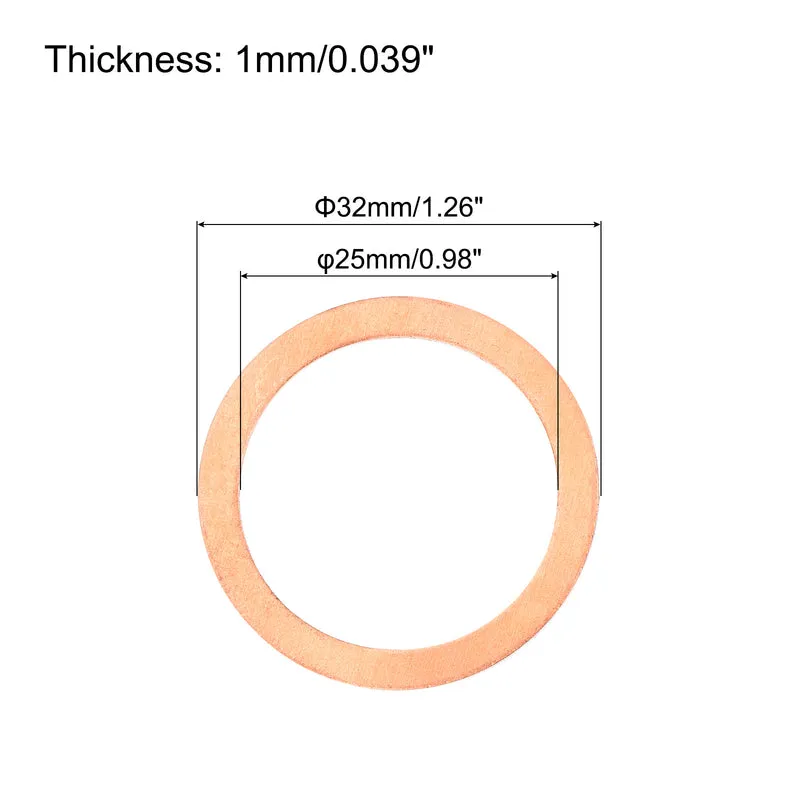 12 Pcs Flat Copper Washers 25x32x1mm Copper Flat Sealing Ring Washers