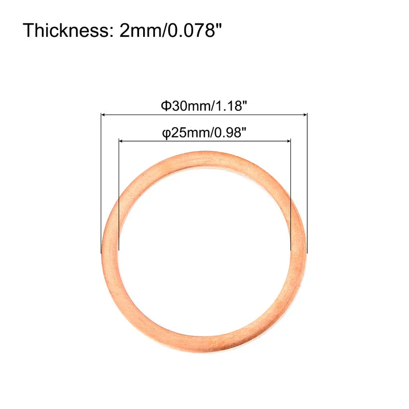 12 Pcs Flat Copper Washers 25x30x2mm Copper Flat Sealing Ring Washers