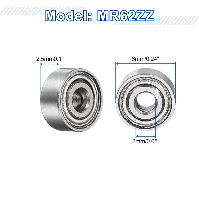 8Pcs MR62ZZ Deep Groove Ball Bearings, 2mm ID 6mm OD 2.5mm Width Bearing
