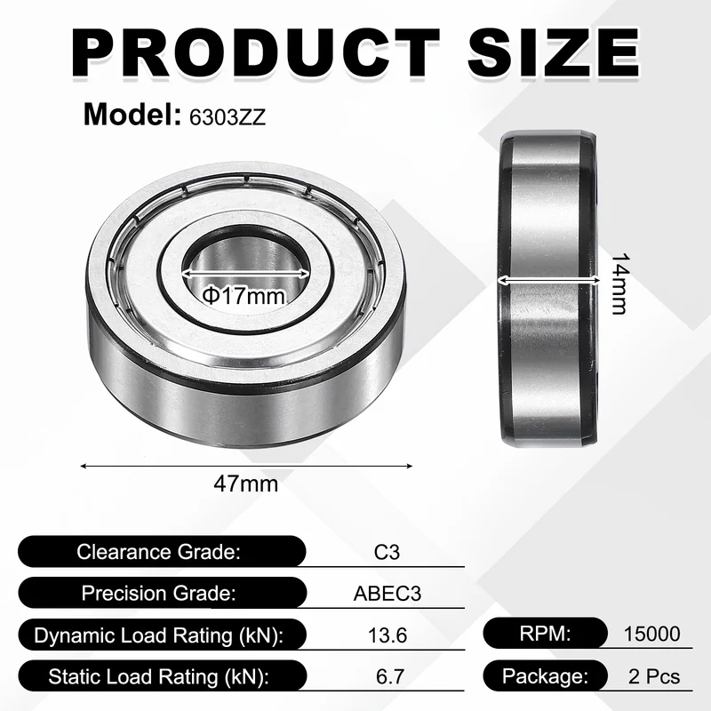 2Pcs 6303ZZ Deep Groove Ball Bearing, 17x47x14 mm Double Shielded Chrome Steel