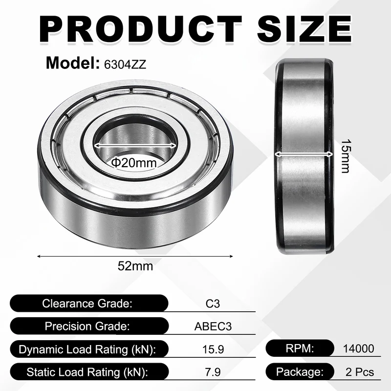 2Pcs 6304ZZ Deep Groove Ball Bearing, 20x52x15 mm Double Shielded Chrome Steel