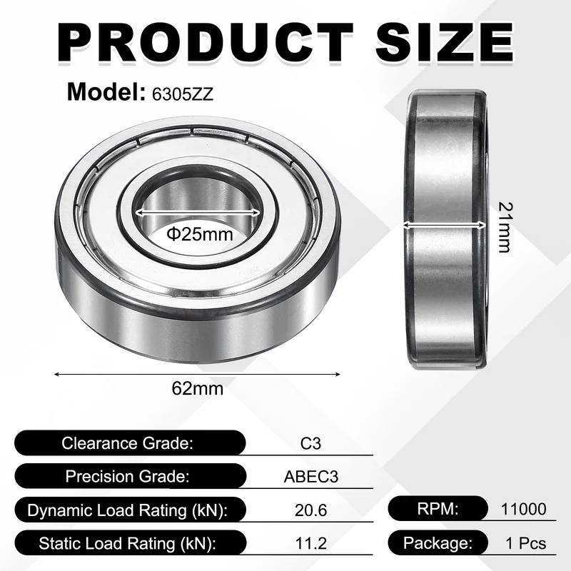 1Pcs 6305ZZ Deep Groove Ball Bearing, 25x62x17 mm Double Shielded Chrome Steel