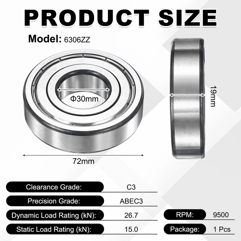 1Pcs 6306ZZ Deep Groove Ball Bearing, 30x72x19 mm Double Shielded Chrome Steel
