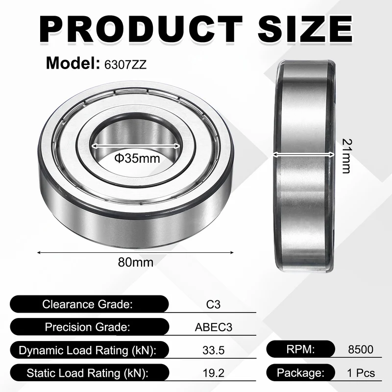 1Pcs 6307ZZ Deep Groove Ball Bearing, 35x80x21 mm Double Shielded Chrome Steel