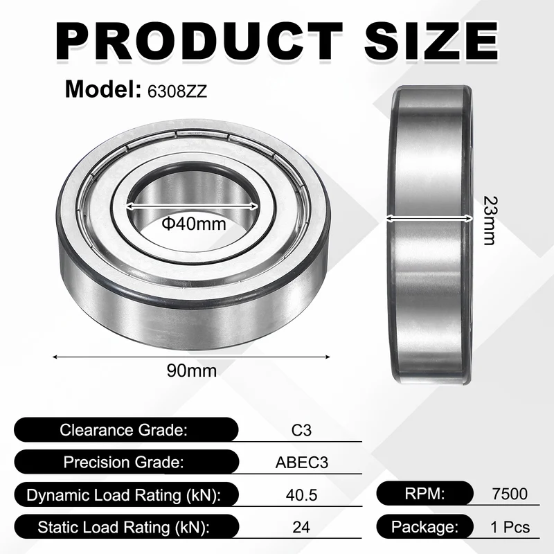1Pcs 6308ZZ Deep Groove Ball Bearing, 40x90x23 mm Double Shielded Chrome Steel