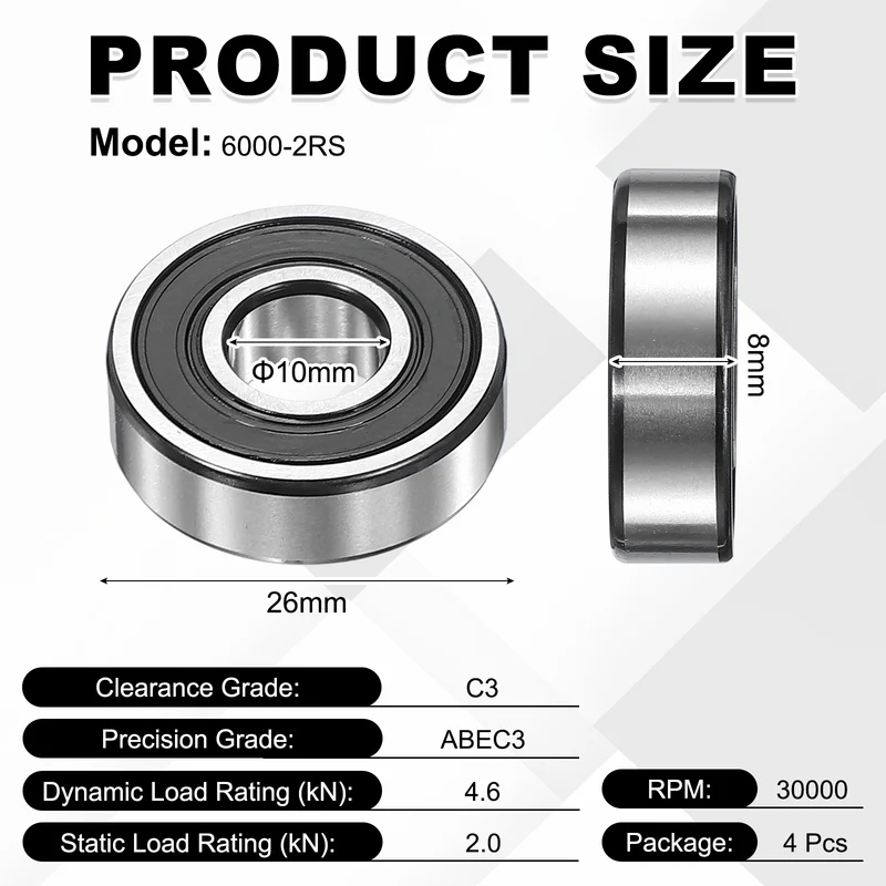 4Pcs 6000-2RS Deep Groove Ball Bearing, 10x26x8 mm Double Rubber Seal Bearing