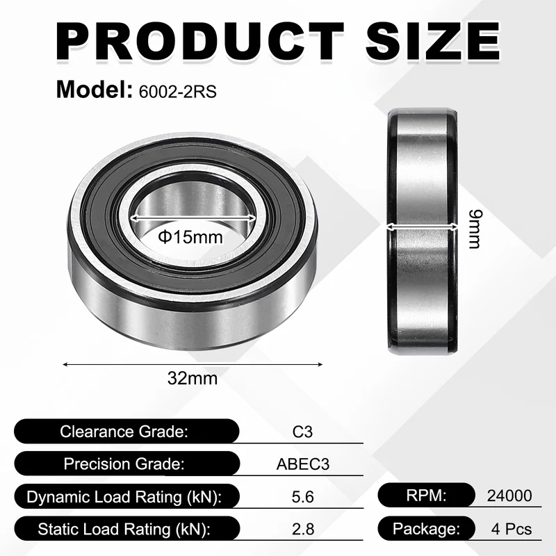 4Pcs 6002-2RS Deep Groove Ball Bearing, 15x32x9 mm Double Rubber Seal Bearing