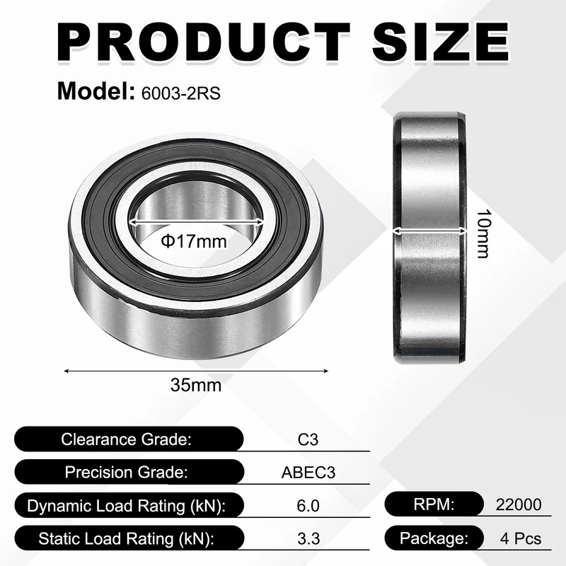 4Pcs 6003-2RS Deep Groove Ball Bearing, 17x35x10 mm Double Rubber Seal Bearing