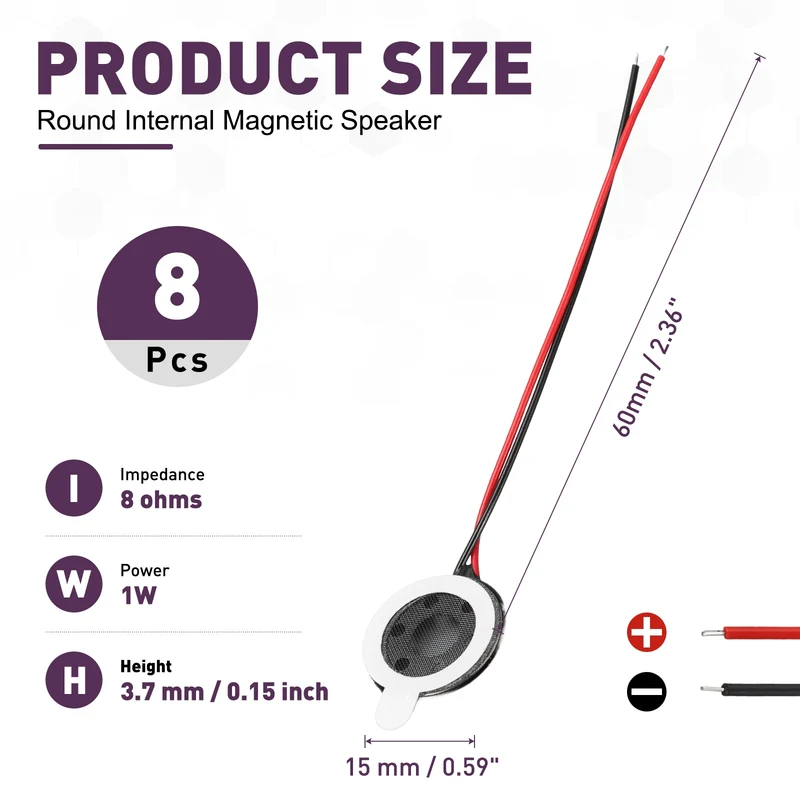 8Pcs 1W 8 Ohm 15mm/0.6" Small Round Internal Magnetic Speaker Black