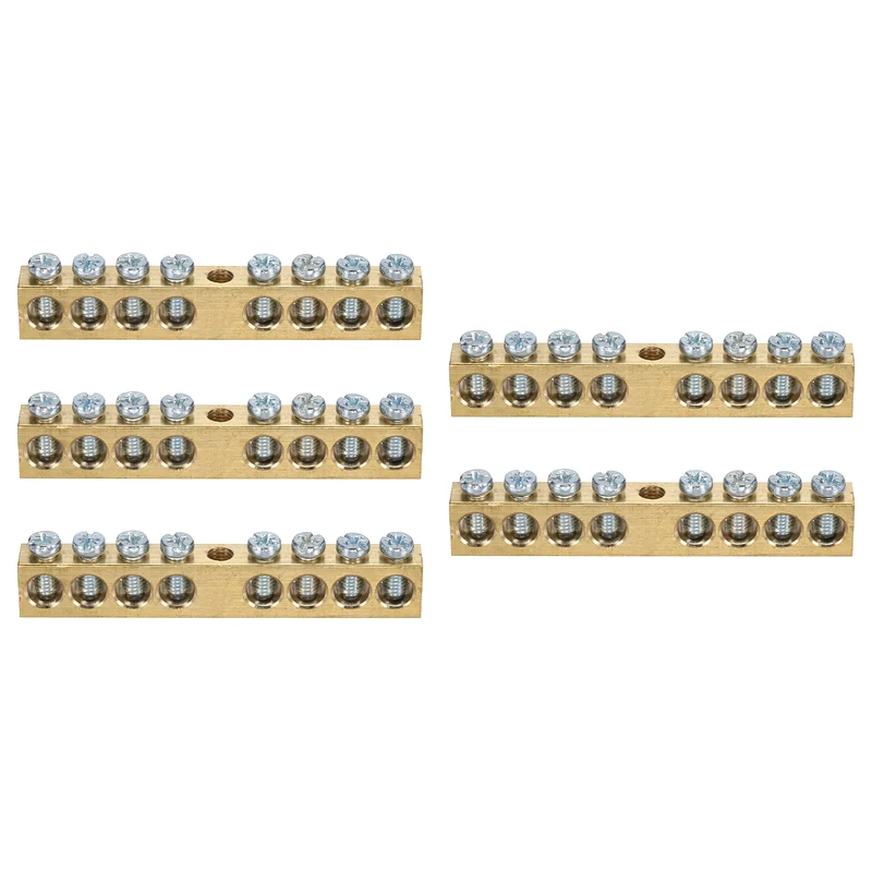 5 Pcs Terminal Ground Bar, 8 Positions M5 68x8x12mm Screw Block Barrier Brass