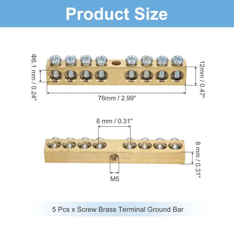 5 Pcs Terminal Ground Bar, 8 Positions M5 68x8x12mm Screw Block Barrier Brass