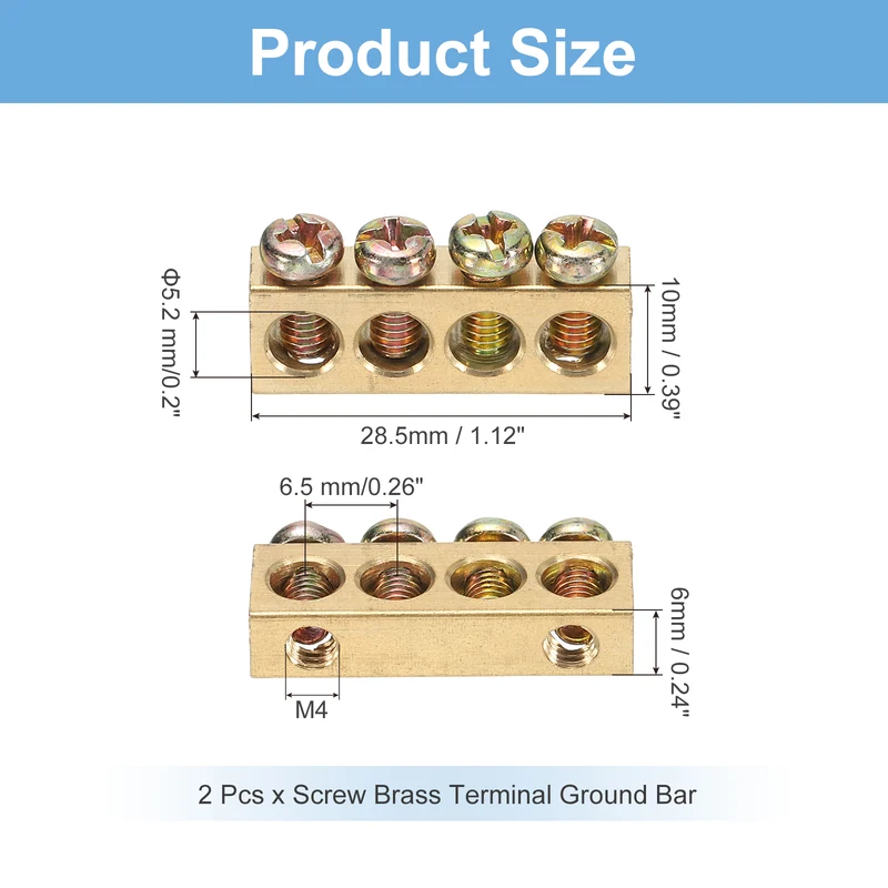 2 Pcs Terminal Ground Bar 4 Positions M4 28.5x6x10mm Screw Block Barrier Brass