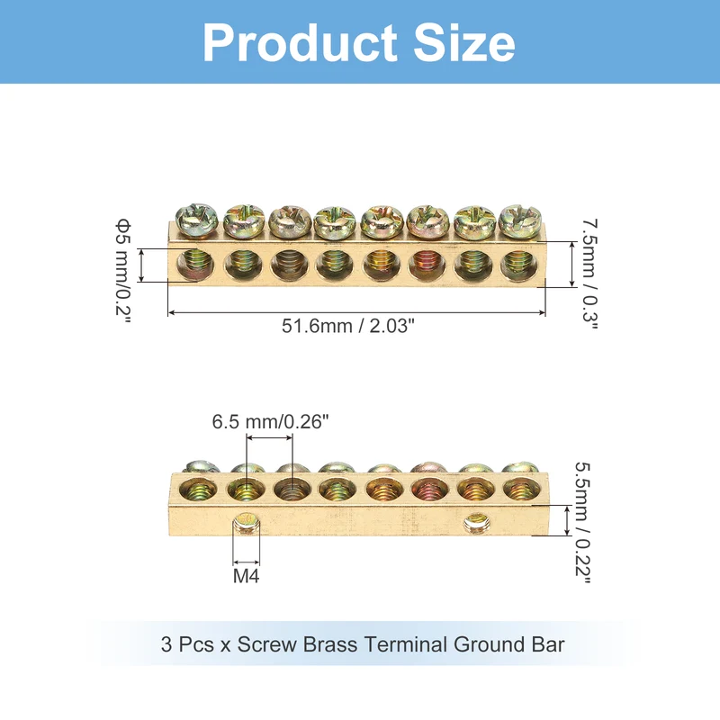 3 Pcs Terminal Ground Bar 8 Positions M4 51.6x5.5x7.5mm Screw Block Barrier