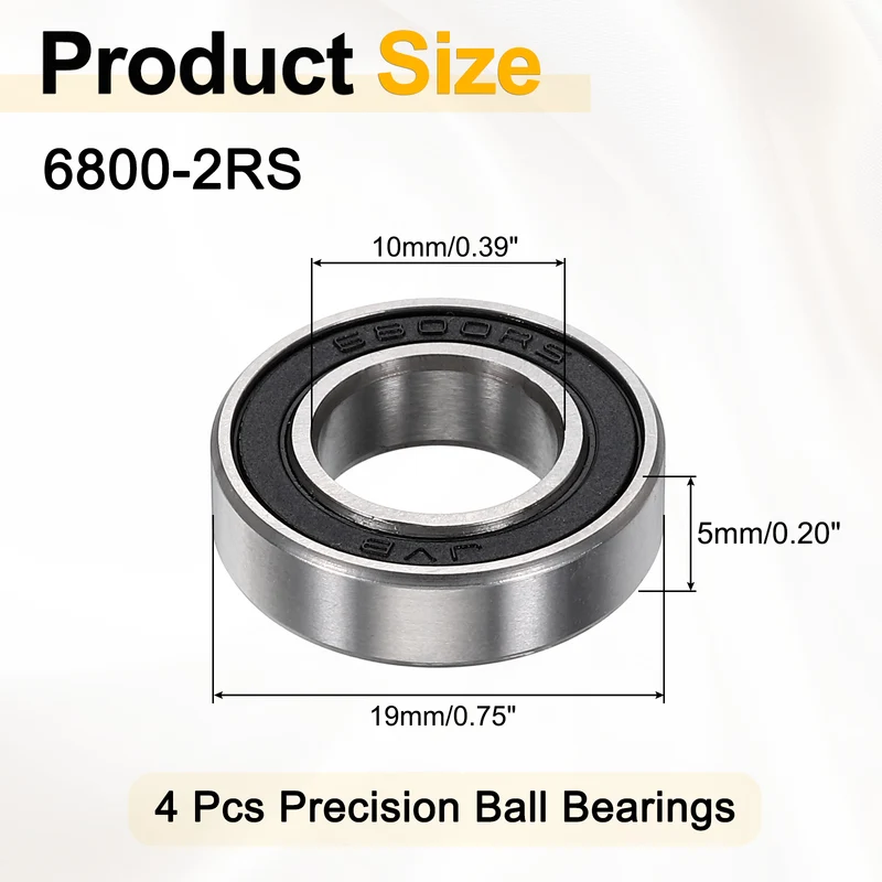 4Pcs 6800-2RS Deep Groove Ball Bearings 10x19x5mm ZV4 Level ABEC7 Precision