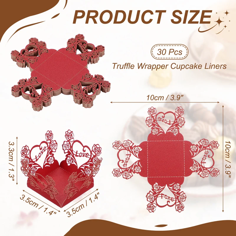 30Pcs 1.4x1.4" Love Rose Truffle Wrapper Cupcake Liners for Decor, Red