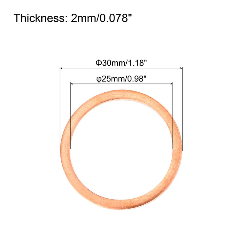 6 Pcs Flat Copper Washers 25x30x2mm Copper Flat Sealing Ring Washers