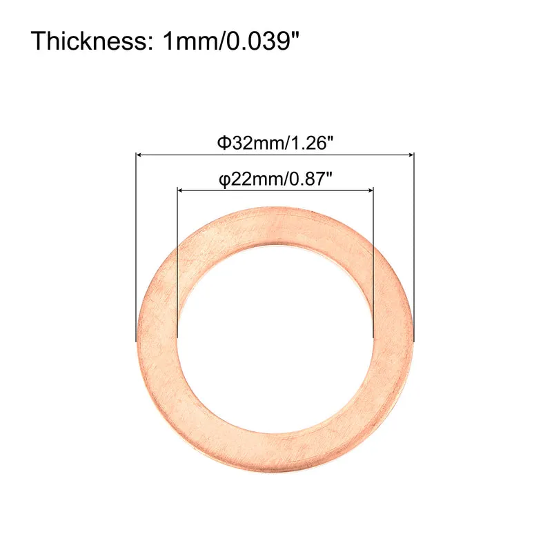 22 Pcs Flat Copper Washers 22x32x1mm Copper Flat Sealing Ring Washers