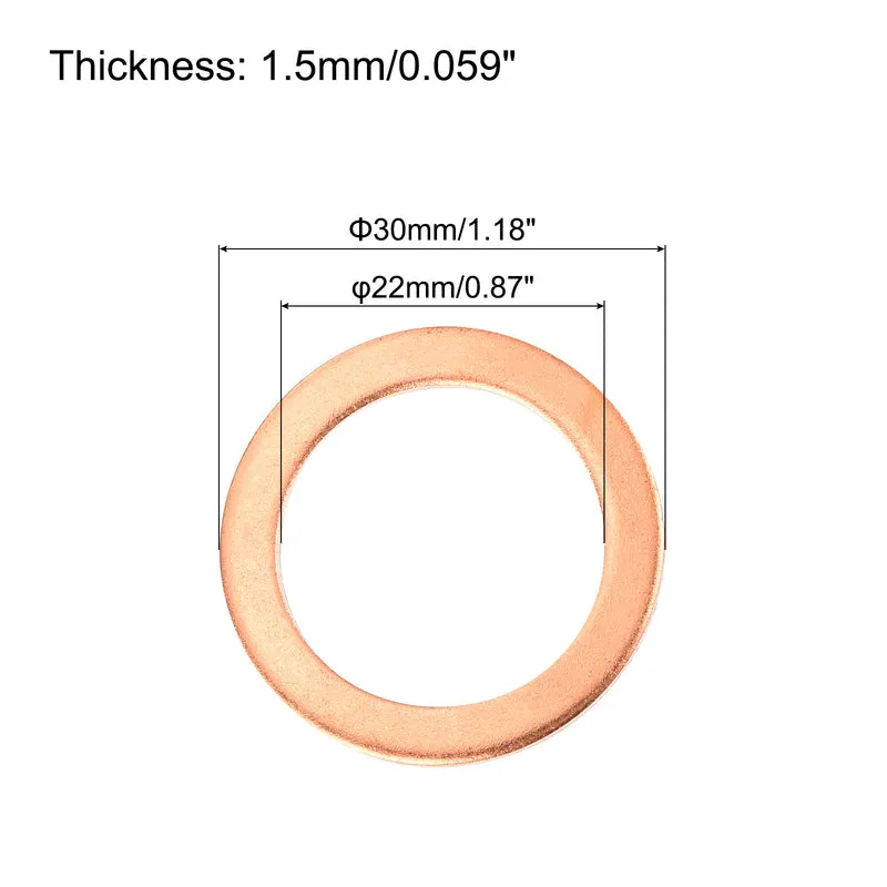 22 Pcs Flat Copper Washers 22x30x1.5mm Copper Flat Sealing Ring Washers